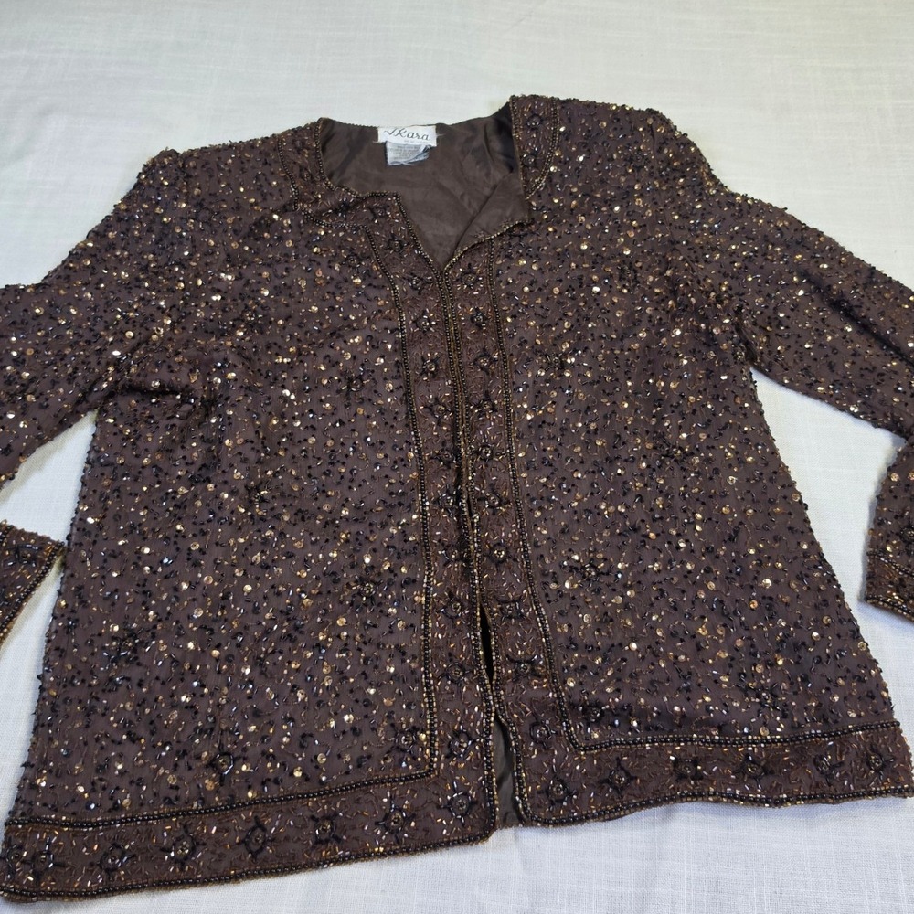 J. Kara New York Brown Silk Beaded Sequin Evening Jacket Formal Event Wear